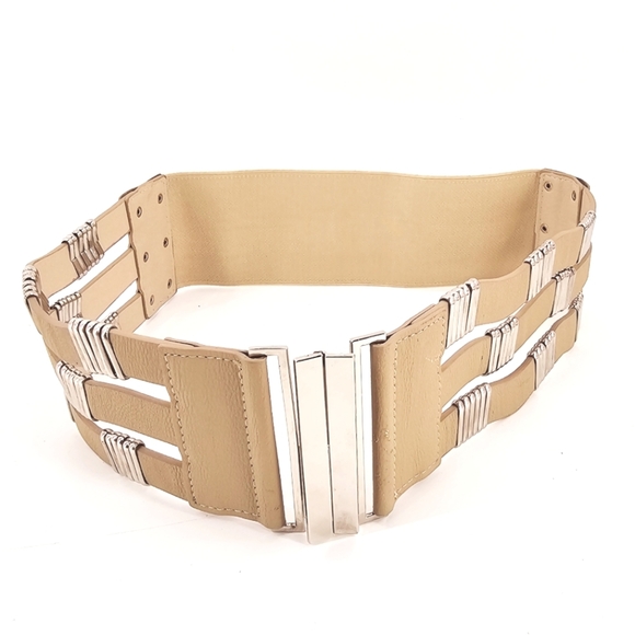 Stretchy Interlock Buckle 90's Women  M/L Waist 29" to 35" Tan Statement Belt - Picture 1 of 8